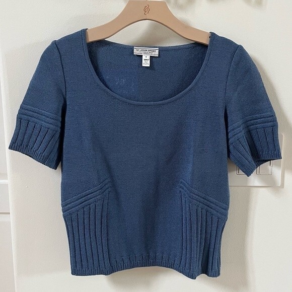 St.John Sport By Marie Gray Santana Knit Ribbed Short Sleeve Top in Blue S NWOT - Picture 3 of 12